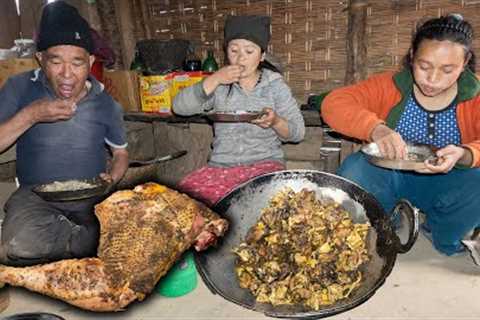 Chicken Leg recipe with Rice cooking and Eating in Village Kitchen || Chicken rice in village style