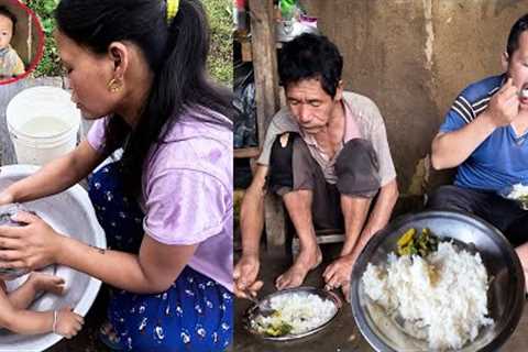 Ridam Taking bath with mother Rita || Cooking & eating in the buffalo shed ||