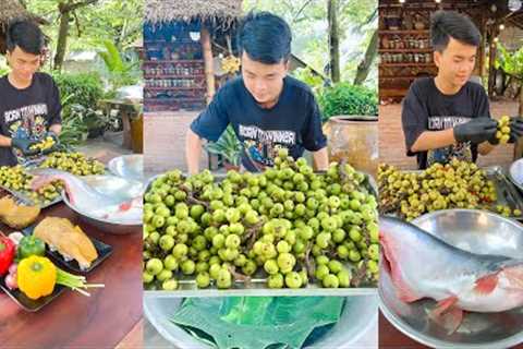 Country man cook fig fruit Chinese herbs, Braised big river fish and eat - Country style cooking